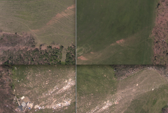 Images that show how complicated official analysis can be. The top two images show pocks of extreme ground scouring caused by the Cordova tornado, which was officially given an EF4 rating. At bottom, two images of extreme damage and wind rowing following the destruction of a large, two-story home in Arab. Both tornadoes likely reached EF5 intensity at some point in their lives, but few such tornadoes are ever at peak intensity in the vicinity of homes of "superior" construction.