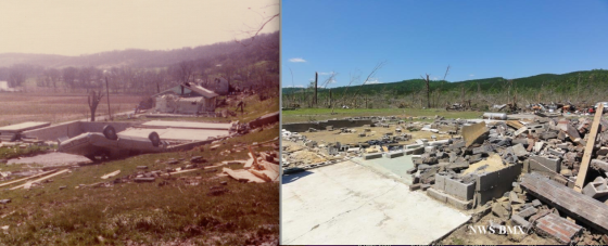 At left, the remains of a home that was swept away near Sayler Park. Vegetation damage is not congruent with a contemporary EF5 rating. At right, the remains of a large, brick home that was obliterated in Shoal Creek, Mississippi in 2011.