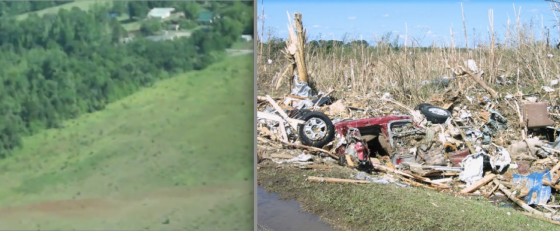 At left, a narrow strip of deep ground scouring west of Smithville, where the tornado entered a period of explosive intensification (Image by Mel Webster). At right, the tornado left some of the most extreme tree damage ever photographed.