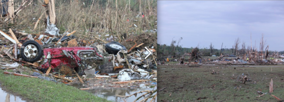At left, mangled vehicles and debris from destroyed homes was left strewn among debarked trees at the edge of town. At right, grass scouring and high velocity impact marks, both indications of extreme intensity. (Images by Christi Welch)