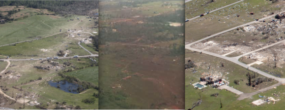 Three views of extreme tornado damage from the 2011 season (intensity increasing from left to right). At left, the Phil Campbell tornado left a streak of damaged grass and empty foundations near Cornelius Drive. At center, pronounced grass scouring following the El Reno tornado near Oklahoma City. At right, extreme vegetation scouring and home damage from the Smithville tornado. Had all three tornadoes caused comparable damage, the El Reno tornado would have been ranked the lowest due to its modest forward speed.