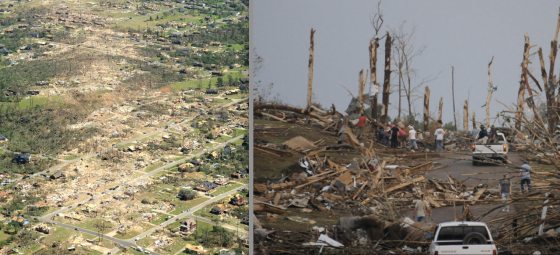 The Birmingham suburbs of Concord and Pleasant Grove both experienced borderline EF5 damage. Well-constructed homes were swept completely away and groves of large hardwood trees were almost completely debarked. 