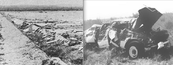 At left, image of a drainage culvert that was scoured of concrete. At right, one of the vehicles in which a fatality occurred. 
