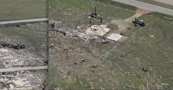 Two views of EF5 home damage and grass scouring. At left, two well-constructed homes were swept completely away on Monroe Street, leading to three fatalities. At right, the remains of a brick home west of town. (Images by Thomas Wells)