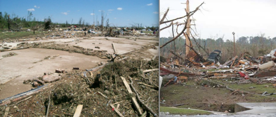 At right, the remains of a well-constructed brick home that was swept away along Highway 237. Plumbing fixtures were ripped from the concrete foundation, and adjacent vegetation was stripped bare and nearly ripped from the ground. At right, large trees were stripped of all bark and branches as the tornado entered a forested area near Cemetery Drive.