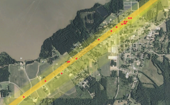 Map of the tornado's path through town in relation to the location of fatalities, marked by red dots. 