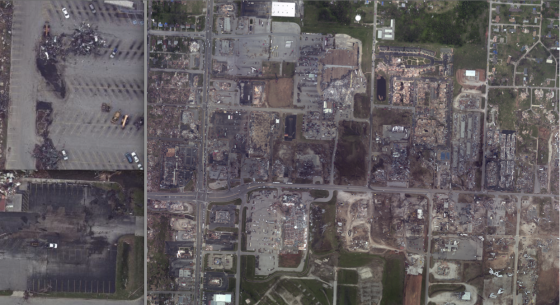 The tornado may have reached a secondary wind maxima as it crossed Rangeline Road. A large swath of wind damaged grass marked the path of the tornado's inner core. At top left, view of scoured pavement in the Walmart parking lot. At bottom left, view of scoured pavement in the parking lot of Pizza by the Stout, which was located just west of Home Depot.