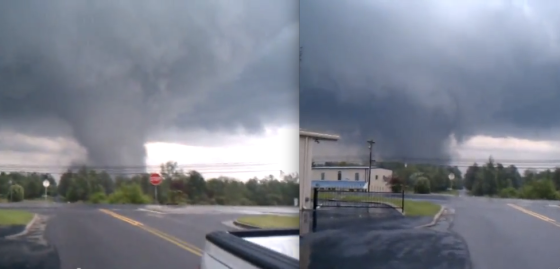 Two Video stills, only seconds apart, of the Rainsville tornado as it rapidly strengthens to maximum intensity. At right, the appearance of the tornado over Lingerfelt Road. (Video by YORKBAMA)