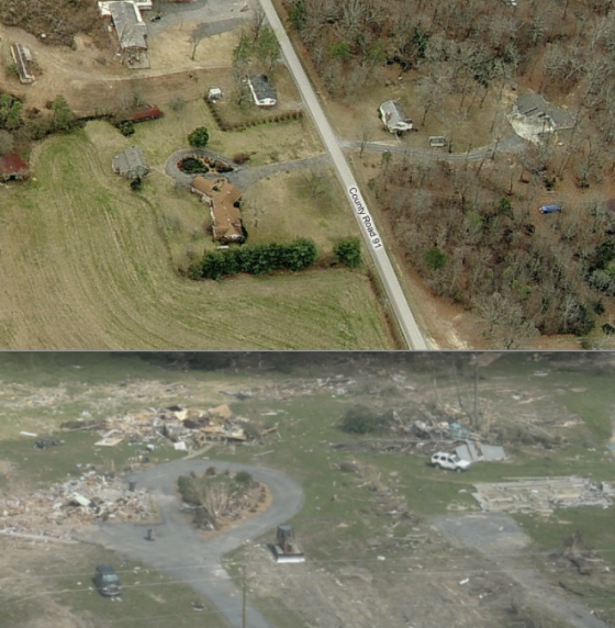 Before and after views of the devastated 