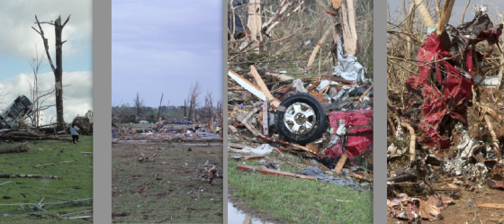 Various images of tornado damage, with relative intensity increasing from left to right. At left, the 2011 Phil Campbell tornado left most trees partially debarked and stripped of branches. The ground also shows high velocity impact marks but no obvious scouring of grass (Image by John Phillips). At center left, impact marks and partial ground scouring in after the 2011 Smithville tornado. At center right, the near complete debarking of all foliage in Smithville (Images by C. Welch). At right, completely obliterated vegetation and severe ground scouring following the 2011 El Reno tornado. (Image by Jim LaDue).