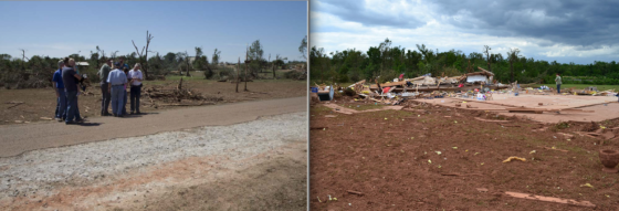 On the same day as the El Reno tornado, two other tornadoes were likely capable of causing EF5 damage. One tornado in Chickasha scoured grass from the ground, swept away atleast one well-built home and ripped pavement from roads (at left). Nearby, a tornado in Goldsby left several large homes as bare foundations and caused pronounced grass scouring (at right).