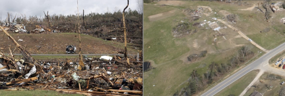 At left, extreme vegetation damage and possible ground scouring along a hillside on Pinion Drive in Phil Campbell. At right, a storm cellar 200 yards to the southwest of the left image appears to have lost its ground-level roof in the storm (Image by HGTV). The Hackleburg/Phil Campbell tornado caused some of the most violent wind damage ever documented.