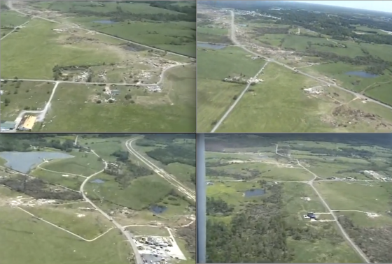 Aerial images of the tornado's path through. At top, two images of the EF5 damage streak as it entered Hackleburg. At bottom left, the tornado's path through Cornelius Drive, less than a mile east of Phil Campbell. At bottom right, the path through Oak Grove. Vegetation scouring indicates the tornado may have been at maximum intensity outside of Oak Grove. (Video stills from paulleah)