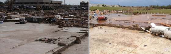 Two views of EF5 home damage in Moore. Both residences were determined to have been well-constructed.