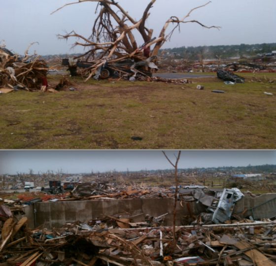 At top, a mangled car was hurled into an empty basement. At bottom, a debarked tree with the frame of a disintegrated vehicle wrapped around it. Partial grass scouring is visible in the foreground. (Images by Dan Michaels)
