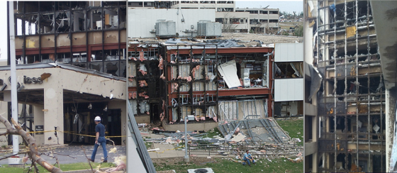 St. Johns Hospital was impacted by EF4 winds as the Joplin tornado reached EF5 intensity only a 100 yards north of the main tower.  (Images courtesy of Mercy Health)