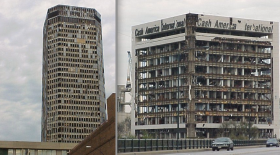 At left, damage to the Bank One Building in downtown Fort Worth. At right, the devastated Cash America Building, which was struck by the tornado while at peak intensity. 