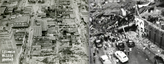 At left, aerial view of the damage in downtown Waco. The 22-story ALICO (far left) was only a hundred yards from the devastated R. T. Dennis Building (Image from The Texas Collection). At right, view of the devastation on 5th Street.