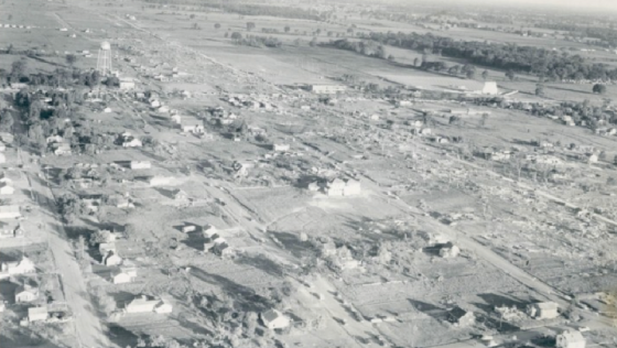 View of the tornado's narrow swath of devastation through Beecher. Some of the destroyed residences were large, two-story homes.