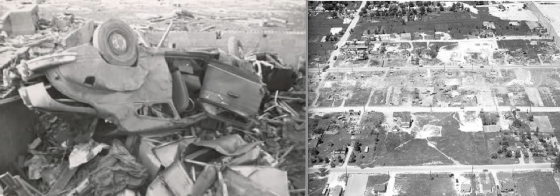 The Beecher tornado left a narrow swath of extreme damage along Coldwater Road. At left, a vehicle that was left in the basement of a home that was obliterated. At right, the swath of F5 damage around the local high school, where grass was ripped from the ground (Flint Public Library)