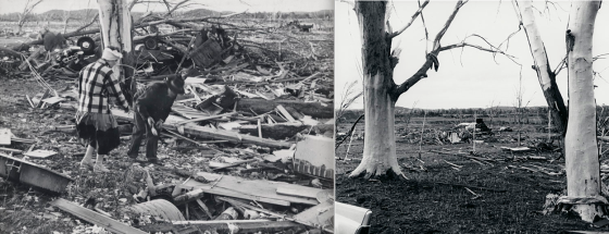 Damage photographs are the most important tool in ascertaining the strength of historical tornadoes. Shown above is probable EF5 damage near the small town of Colfax, Wisconsin after a powerful tornado ripped through the area in 1958. Trees of all sizes were debarked, ground vegetation was shredded and vehicles were rendered unrecognizable (Image courtesy of the University of Wisconsin Digital Collections).