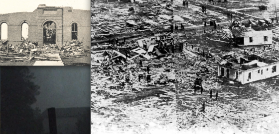 At top left, the De Soto school were 33 students were killed. At bottom left, survivor descriptions from Murphysboro indicate the tornado was preceded by heavy rain and hail which blackened the sky, much like the 2011 Joplin tornado (pictured). At right, damage in West Frankfurt.