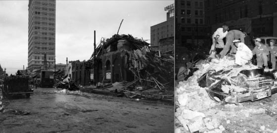 Additional views of the damage. At left, the 22-story ALICO Building is visible just beyond the worst damage. At right, workers pulling a body from a car that was crushed by debris. (Images courtesy of the Austin History Center)