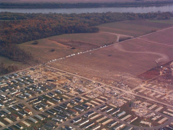 In November of 2005, a fast moving nighttime tornado touched down near Evasnville, Indiana. Around 2am, the tornado struck the Eastbrook Mobile Home Park while residents were asleep. In the park alone, 20 people were killed as mobile homes were swept completely away along the southern edge of the park.