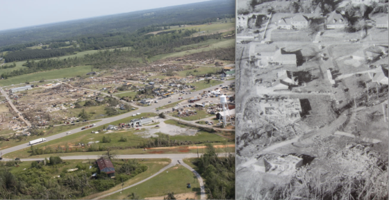 The longest tracked tornadoes generally occur in the South in the spring and fall. At left, one of the longest tracked tornadoes in history caused EF5 damage in Hackleburg. At right, an power tornado probably capable of causing F5 damage killed four people in the obliterated home at bottom. One of the bodies was found in a tree a quarter mile from the foundation (Grazulis, 1995).