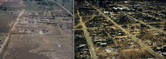 Aerial views of the intense damage streaks in northern Lubbock. At right, view of destroyed homes on Cypress Road, where three fatalities occurred. At left, damage in the Guadelupe district. (Images from the City of Lubbock