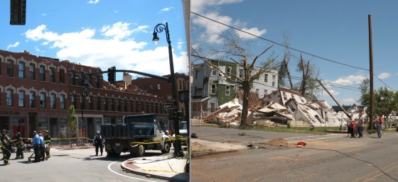 At left, damage in the Six Corners district. At right, the apartment building where one of the fatalities occurred. (Images by Robert Blackie)