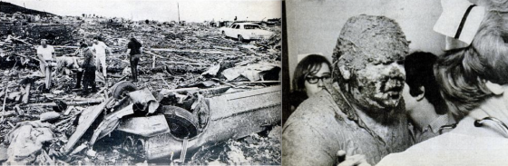 At left, view of devastation near the I-470, where the most intense damage in Topeka was documented (Image by Rich Clarkson). At right, Rick Douglas narrowly survived the tornado after being blown out from beneath an overpass and caked in mud and debris (Image by Delmar Schmidt).