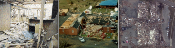 At left, the 1987 Saragosa, Texas, tornado killed 22 people in the Guadelupe Church during a graduation ceremony for young students. At center, the 1994 Piedmont, Alabama, tornado killed 20 people at the Goshen United Methodist Church during Palm Sunday services. At right, the 2011 Joplin tornado leveled and partially swept away the Greenbriar Nursing Home. Of the approximately 90 residents and nurses in the building, 21 died.