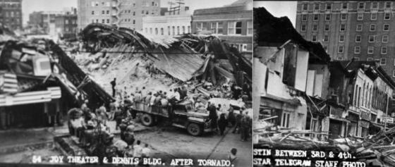 At left, ground view of the devastation on 5th Street.
