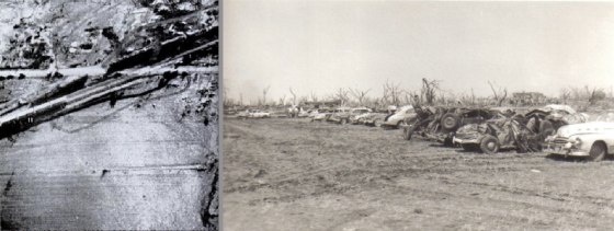 At left, ground scouring just east of town. At right, an area near the high school that appears to have been stripped bare (as evidenced by the tire tracks, which are a common sight in ground effected by F5 winds). (Right image from the Udall Historical Society)