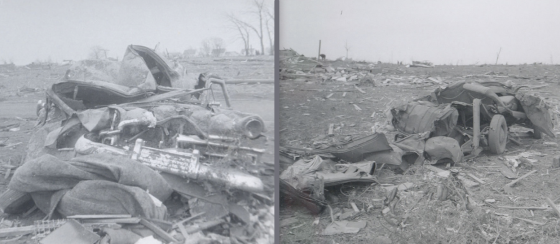 Extreme damage to cars near Port Sheldon Street. Vehicles in the 1950's were significantly heavier and, theoretically, more difficult to damage than contemporary light-weight cars. Two fatalities occurred when a car was swept off of Port Sheldon Street and thrown more than 100 yards. (Images by Thelma Bakker)