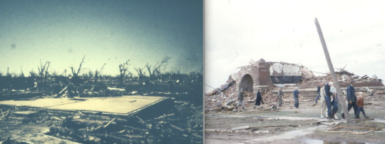 At right, the foundation of a home that was swept completely away. Nearly every home south of 2nd Street was obliterated in F5 fashion. At right, a school with thick brick walls was nearly leveled to the ground. (Images from the Wichita Eagle)