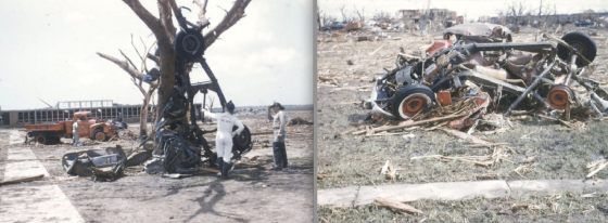 Vehicles across town were thrown long distances and mangled beyond recognition. At left, the tornado's most iconic sight was the remains of a truck wrapped around a tree near the high school. A postcard from the time wrote that the (very likely deceased) driver was found a quarter mile away.