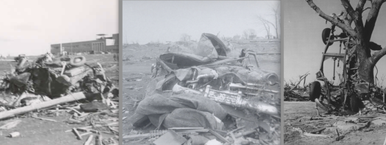 Vehicle damage is one way to ascertain the intensity of historical tornadoes. Cars built pre-1960 were significantly heavier and, likely, more difficult to damage than modern, light-weight vehicles. At left, extreme vehicle damage following the 1953 Beecher tornado. At center, a destroyed car after the 1956 Hudsonville tornado. At right, a truck stripped to its frame following a tornado in Udall, Kansas, in 1955.