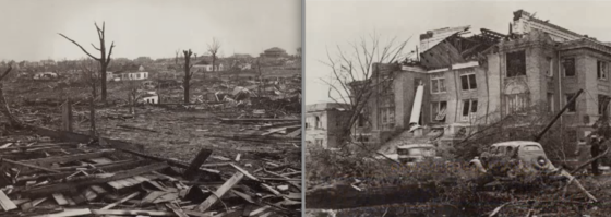 More scenes of devastation. The heavily damaged mansion at right is similar to nearby residences that were reduced to their foundations. The three-story Huffman house was swept completely away, leading to several fatalities.