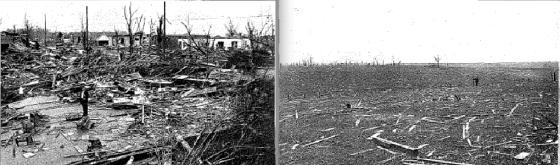 At left, the remains of the Hoffman mansion, which was swept down to its baseboards, leading to several fatalities. At right, a field that was "stripped bare" just east of town. (Mississippi State Geological Survey, 1936)