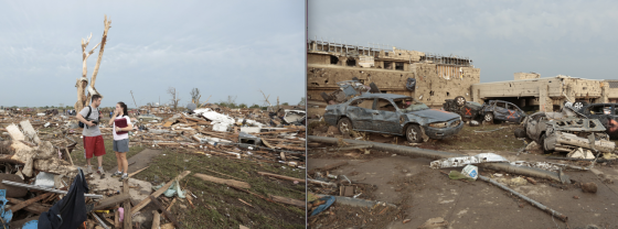 At left, a tree stripped completely of bark and branches, an indication of probable EF5 winds. At right, extreme damage to the well-constructed Moore Medical Center. (Images by Brett Deering)