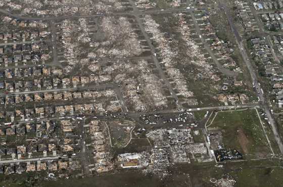 Briarwood Elementary School (bottom) was impacted directly by the tornado as it entered a densely populated section of Moore. (Image by Steve Gooch)