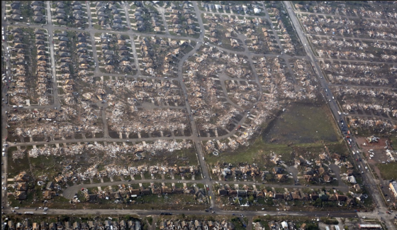 Aerial view of extreme tornado damage. While initially reported as being in excess of two miles wide, the tornado's primary damage path was approximately 500 yards wide. (Image by Steve Gooch)