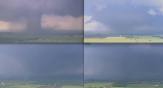 Still frames of the catastrophic Moore tornado. At top left, view of the tornado several miles east of Bridge Creek as it rapidly intensifies. The tornado widened to over a half mile in width as it thundered to the east-northeast at approximately 35mph. At bottom left, the tornado became rain wrapped as it crossed the Canadian River into Cleveland County. At bottom right, the appearance of the tornado as it entered the western edge of Moore.
