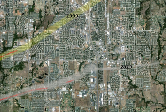 Graphic depicting the tracks of the 1999 and 2013 tornadoes, with red denoting areas of EF5 damage (intensity estimates for the 2013 storm are subjectively based on my experience and may differ slightly from the final NWS report). The Bridge Creek tornado was nearing the end of its intensity maxima when it reached the edge of Moore but continued causing high-end EF4 damage all the way to Midwest City (out of frame at top). The 2013 tornado, by contrast, fluctuated in strength but may have left an intermittent trail of EF5 damage up until just northeast of Plaza Towers Elementary School. The storm changed direction and narrowed significantly after crossing the I-35 but continued leaving a thin streak of extreme damage until finally weakening in eastern Moore.
