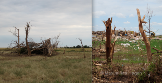 The vegetation damage from the El Reno tornado was noticeably less intense than the damage caused by the 2013 Moore tornado.
