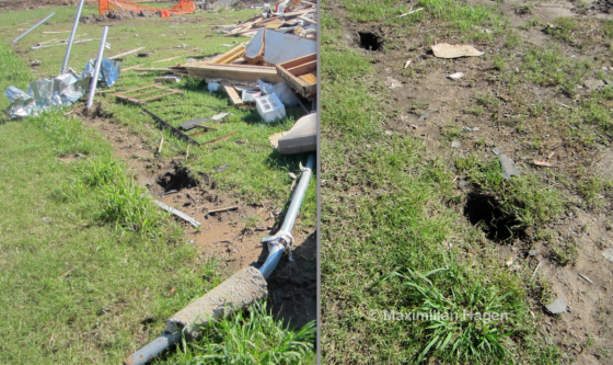 Metal fence posts anchored 18' deep in concrete were a common site throughout the damage zones. Fence posts adjacent to homes with EF3 damage were bent nearly to the ground, whereas the posts were removed entirely in the worst affected areas.