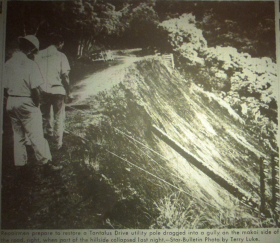 A tropical storm in 1958 made landfall near Hilo on the Big Island, the only such storm to do so since 1950. On Oahu, heavy rainfall led to a landslide on Tantalus. (Star Bulletin, 1958)
