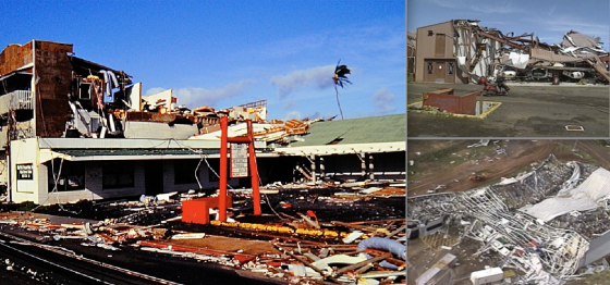 Hurricane Iniki caused some of the most severe wind damage ever photographed in the United States. At left, severe damage to buildings in central Lihue (Image by Brian Howell). At right, dozens of industrial buildings were leveled or left as piles of twisted metal.